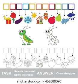 Vector rebus game for children. Easy educational kid game. Simple game level. Find solution and write the hidden word Grasshopper.