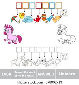 Vector rebus game for children. Find solution and write the hidden word Unicorn