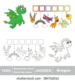 Vector rebus game for children. Find solution and write the hidden word Dragon