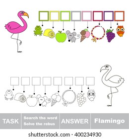 Vector rebus game for children. Find solution and write the hidden word Flamingo