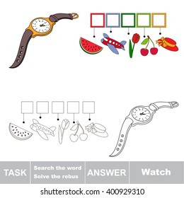 Vector rebus game for children. Find solution and write the hidden word Watch