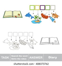 Vector rebus game for children. Find solution and write the hidden word Diary