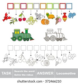 Vector rebus game. Find solution and write the hidden word Locomotive