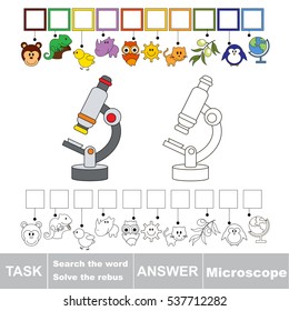 Vector rebus game for preschool kids with easy educational game level for kid education during gaming, find solution and write the hidden word in grid cells - Microscope