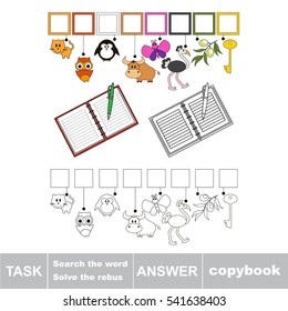 Vector rebus game for preschool kids with easy educational game level for kid education during gaming, find solution and write the hidden word in grid cells - Copybook