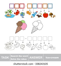 Vector rebus game. Solve the rebus and find the word ice-cream. Task and answer.