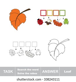 Vector rebus game. Solve the rebus and find the word leaf. Task and answer.