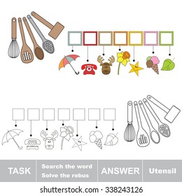Vector rebus game. Solve the rebus and find the word utensil. Task and answer.
