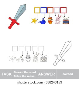 Vector rebus game. Solve the rebus and find the word sword. Task and answer.