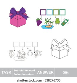 Vector rebus game. Solve the rebus and find the word gift. Task and answer.