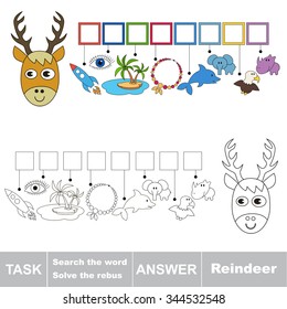 Vector rebus game. Task and answer. Solve the rebus and find the word deer