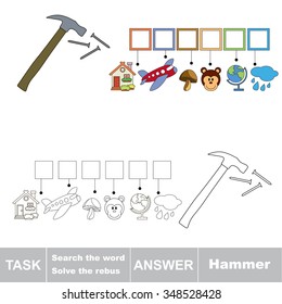 Vector rebus game. Task and answer. Solve the rebus and find the word Hammer