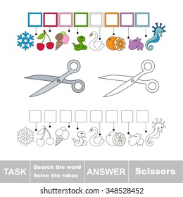 Vector rebus game. Task and answer. Solve the rebus and find the word Scissors