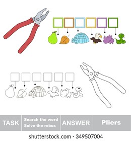 Vector rebus game. Task and answer. Solve the rebus and find the word Pliers