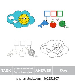 Vector rebus game. Task and answer. Solve the rebus and find the word Day