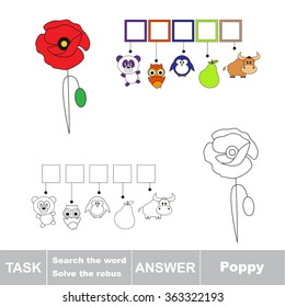 Vector rebus game. Task and answer. Solve the rebus and find the word Poppy
