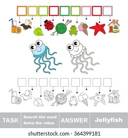Vector rebus game. Task and answer. Solve the rebus and find the word Jellyfish