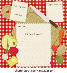 Vector recipe card with space for directions, ingredients, cooking time and serving. Fruits and vegetables, cutting board and knife over checkered tablecloth.