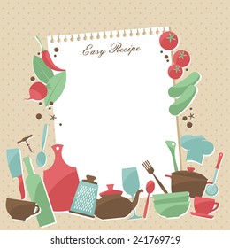 Vector Recipe Page Design. Vintage Style Cooking Book Page With Dishes And Vegetables 