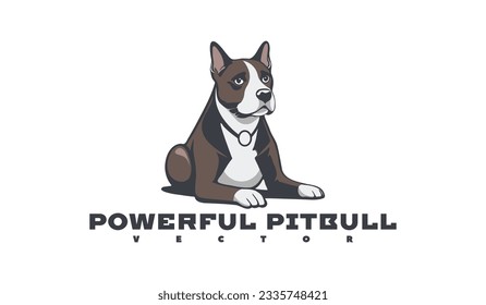 Vector reclining brown powerful pit bull with a medallion. Logo or label. White isolated background.