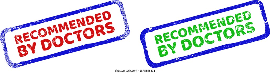 Vektor EMPFOHLEN VON DOKTORS eingerahmte Gummiimitationen mit Grunge-Textur. Rough Bicolor-Rechteck-Dichtstempel. Rot, Blau, Grün.