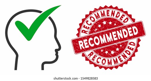Vector recommended icon and grunge round stamp seal with Recommended phrase. Flat recommended icon is isolated on a white background. Recommended stamp seal uses red color and distress design.