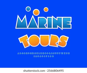 Vector recreation banner Marine Tours. Big Blue Font. Creative Abstract Alphabet Letters and Numbers set.