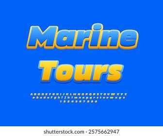 Vector Recreation Emblem Marine Tours. Sunny Yellow Font. Creative Abstract Alphabet Letters and Numbers set.