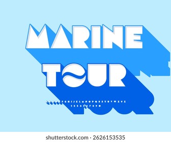 Vector Recreation poster Marine Tour. Artistic White Font with Big Blue Shadow. Awesome 3D Abstract Alphabet Letters and Numbers set.