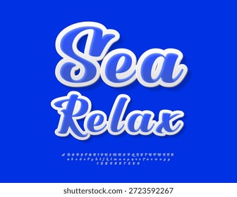 Vetor Cartaz de recreação Sea Relax. Fonte Azul Caligráfica. Conjunto de letras e números alfabéticos cursivos