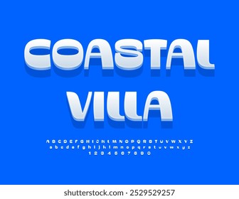 Publicidade recreativa de vetor Vila Costeira. Fonte 3D Branca Elegante. Conjunto de letras e números do alfabeto artístico.