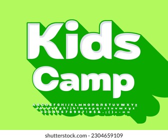 Vector recreational banner Kids Camp. White Font with Green Shadow. 3D Alphabet Letters, Numbers and Symbols