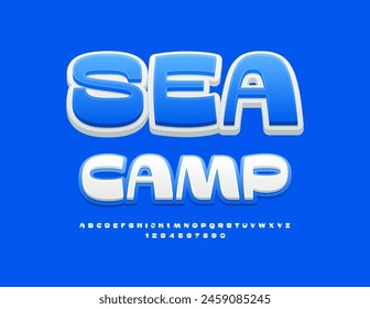 Vector recreational banner Sea Camp. Exclusive White and Blue Font. Artistic Alphabet Letters and Numbers set.