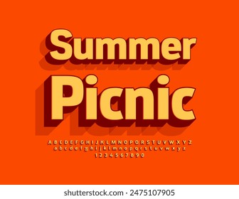 Vector recreational banner Summer Picnic. Trendy 3D Font. Creative set of bright Alphabet Letters, Numbers and Symbols