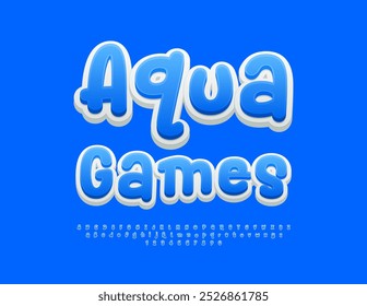 Vector recreational emblem Aqua Games. Creative Blue Font. Funny Bright Alphabet Letters and Numbers set.