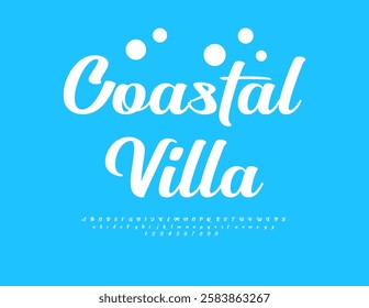 Vector Recreational emblem Coastal Villa. Calligraphic White Font. Set of Cursive Alphabet Letters and Numbers.