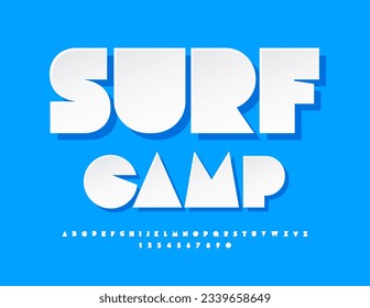 Vector recreational emblem Surf Camp. White Sticker Font. Trendy Alphabet Letters and Numbers