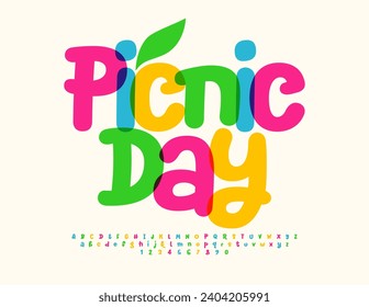 Vector recreational flyer Picnic Day. Funny Colorful Font. Bright Playful Alphabet Letters and Numbers.