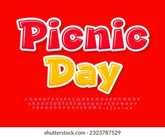 Vector recreational poster Picnic Day. Red glossy Font. Funny set of playful Alphabet Letters, Numbers and Symbols