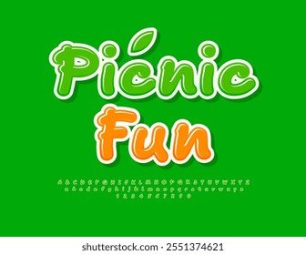 Vector recreational poster Picnic Fun. Glossy Green  Font. Cute HandwrittenAlphabet Letters and Numbers set.