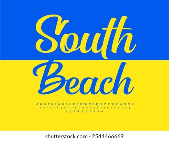 Cartaz de recreação de vetor South Beach. Fonte Caligráfica Azul. Letras e Números Alfabetos bonitos definidos.