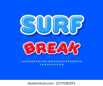 Vector Recreational poster Surf Break. Modern Blue Font. Uppercase Glossy Alphabet Letters and Numbers set.