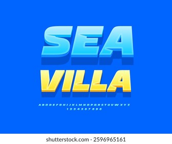 Vector Recreational sign Sea Villa. Trendy Blue Font. 3D Set of Unique Alphabet Letters and Numbers.