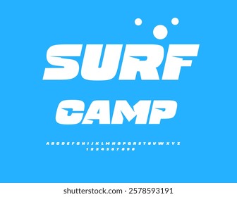 Vector Recreational sign Surf Camp. Exclusive White Font. Fashion Digital Alphabet Letters and Numbers