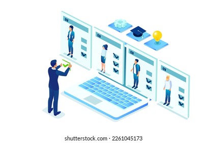 Vector of a recruiter reviewing cv of online applications for a job opening 