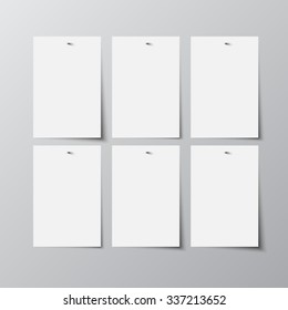 Vector rectangle format A4 white paper with shadow on grey background. Empty sheets of paper template portrait orientation. Realistic six sheets, posters, banners, backgrounds, blanks, picture frames.