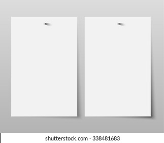 Vector rectangle format A4 white paper with shadow on grey background. Empty sheets of paper template portrait orientation. Realistic two sheets, posters, banners, backgrounds, blanks, picture frames.