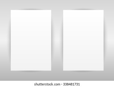 Vector rectangle format A4 white paper with shadow on grey background. Empty sheets of paper template portrait orientation. Realistic two sheets, posters, banners, backgrounds, blanks, picture frames.