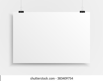 Vector rectangle format white paper with shadow on grey background. Empty sheet of paper template portrait landscape. Realistic one sheet, poster, banner, background, blank, picture frame.