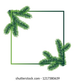 Vector rectangle frame dacorated with winter christmas coniferous tree branches with needle leaves on white background.